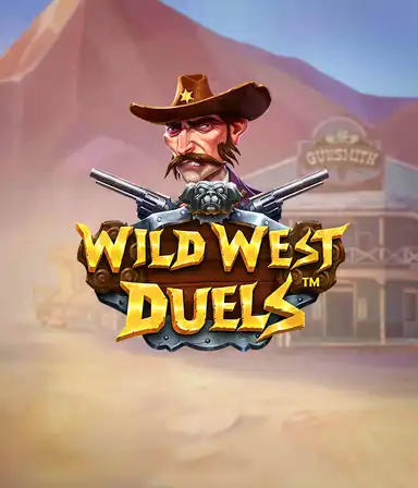 Иллюстрация игрового автомата "Wild West Duels" от Pragmatic Play, на котором изображён храбрый персонаж в шляпе с оружием в руках. На заднем плане нарисована пустынная территория с одиноким салуном. Идеально подходит для любителей вестернов и игровых автоматов.